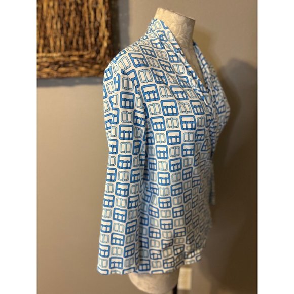 J. McLaughlin Womens Top M Medium Blue White 3/4 Long Sleeve Stretch Washable - Picture 4 of 9